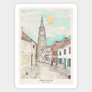 Church of Our Lady Bruges Belgium Cityscape Watercolor Illustration Sticker